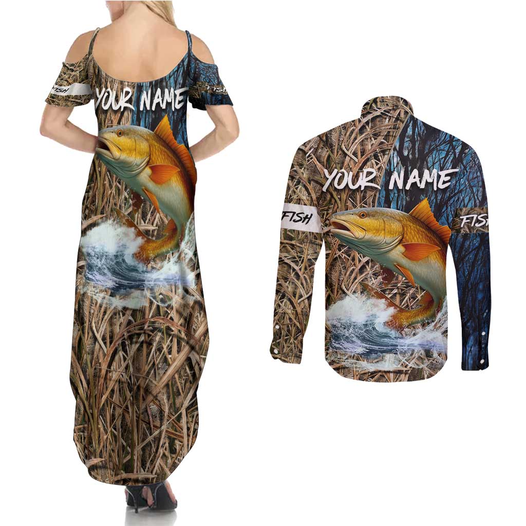 Redfish Splashing in Marsh Grass Couples Matching Summer Maxi Dress and Long Sleeve Button Shirt Custom Name and Nature Background Design - Wonder Print Shop