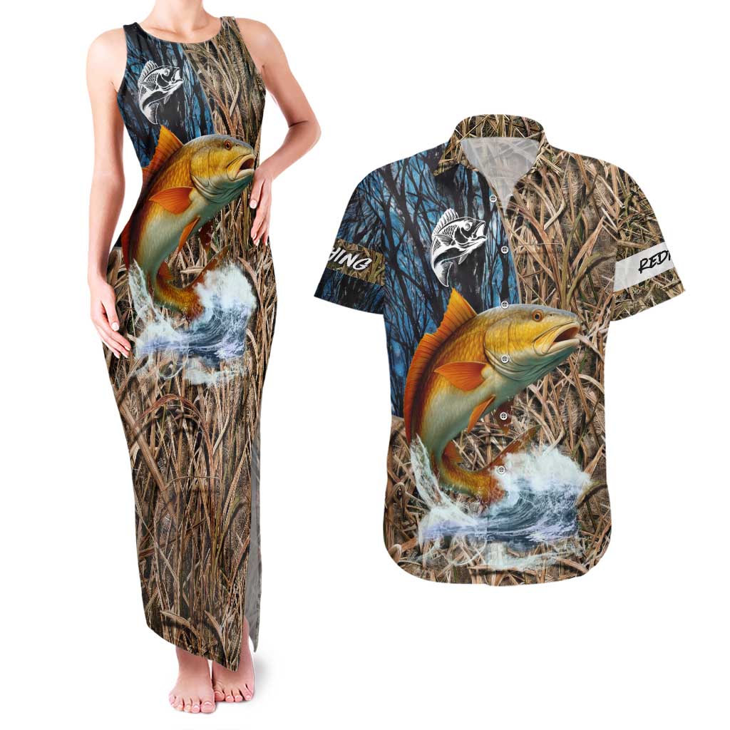 Redfish Splashing in Marsh Grass Couples Matching Tank Maxi Dress and Hawaiian Shirt Custom Name and Nature Background Design - Wonder Print Shop