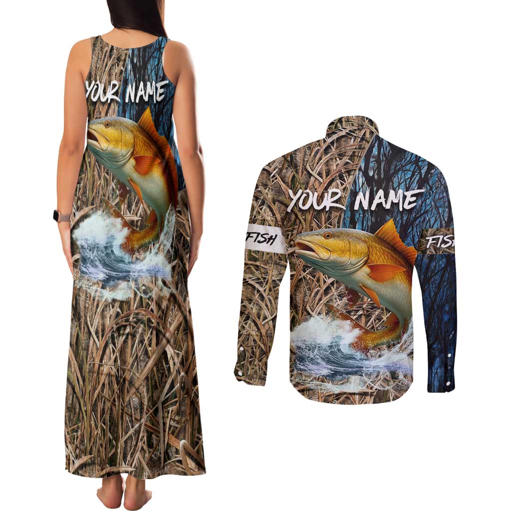 Redfish Splashing in Marsh Grass Couples Matching Tank Maxi Dress and Long Sleeve Button Shirt Custom Name and Nature Background Design - Wonder Print Shop