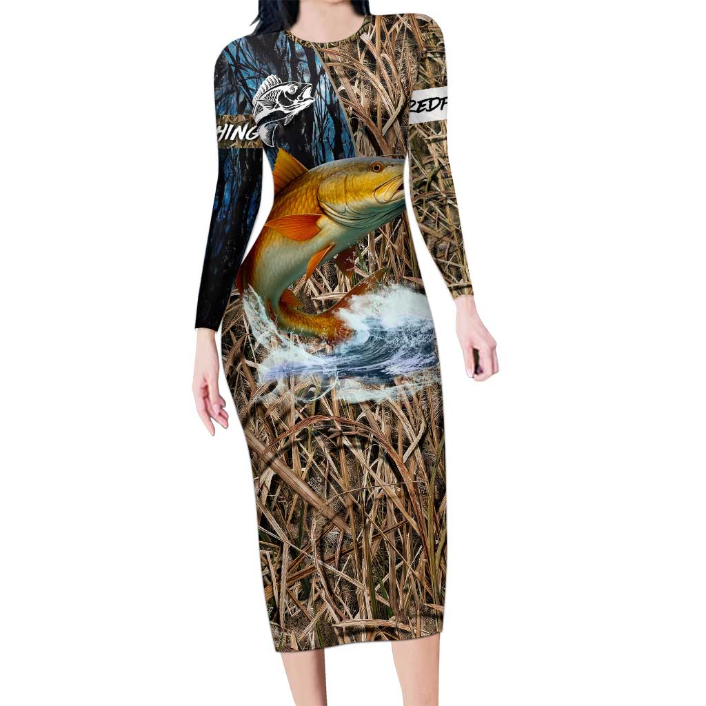 Redfish Splashing in Marsh Grass Family Matching Long Sleeve Bodycon Dress and Hawaiian Shirt Custom Name and Nature Background Design - Wonder Print Shop