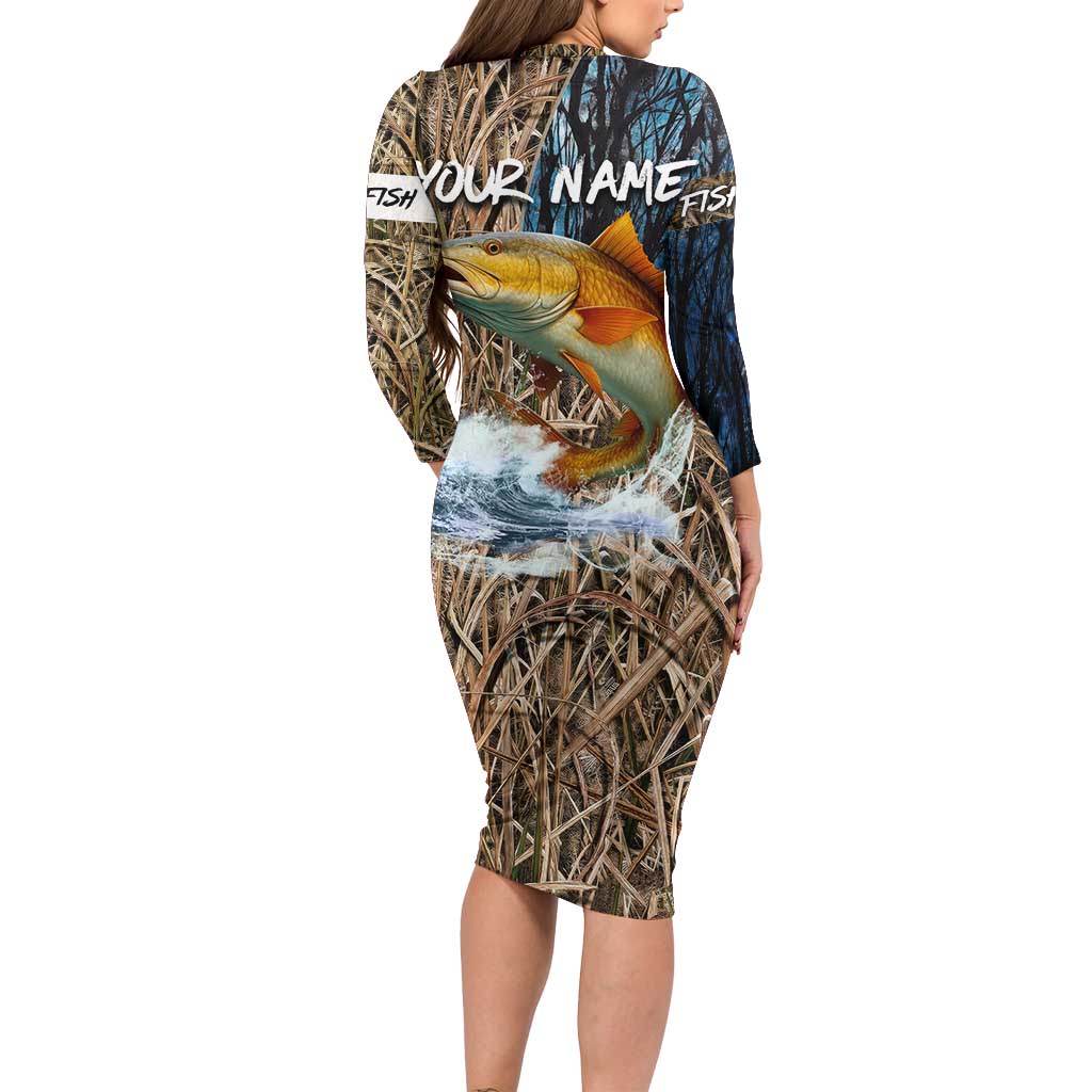 Redfish Splashing in Marsh Grass Family Matching Long Sleeve Bodycon Dress and Hawaiian Shirt Custom Name and Nature Background Design - Wonder Print Shop