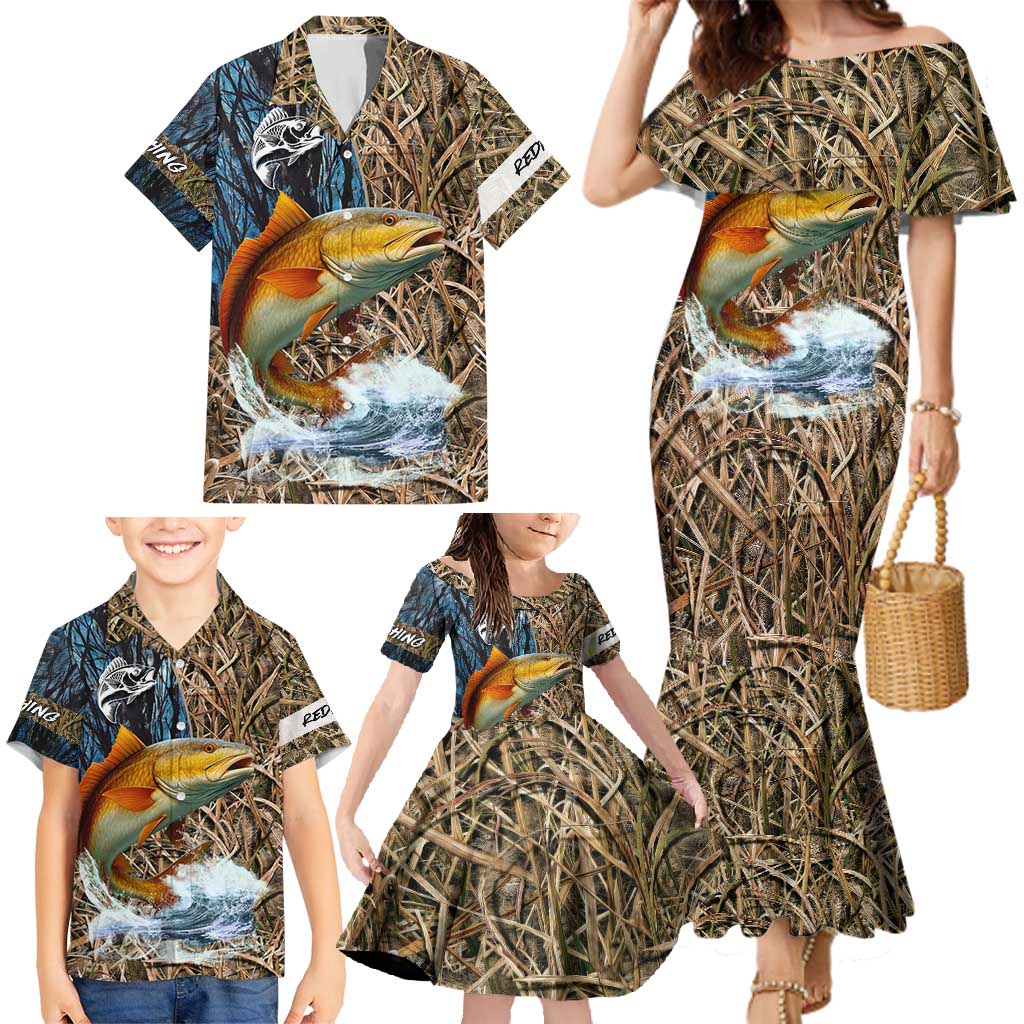 Redfish Splashing in Marsh Grass Family Matching Mermaid Dress and Hawaiian Shirt Custom Name and Nature Background Design - Wonder Print Shop