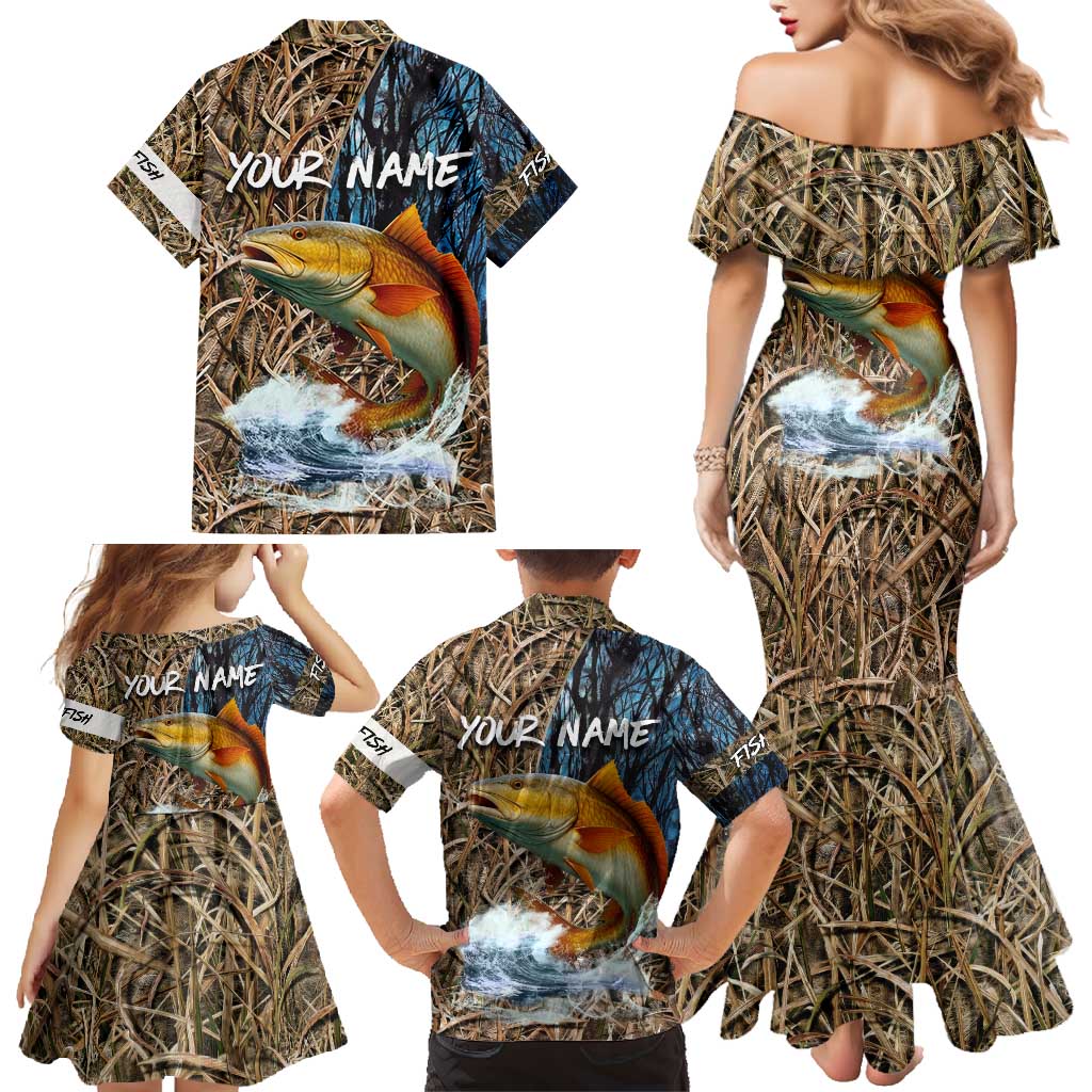 Redfish Splashing in Marsh Grass Family Matching Mermaid Dress and Hawaiian Shirt Custom Name and Nature Background Design - Wonder Print Shop