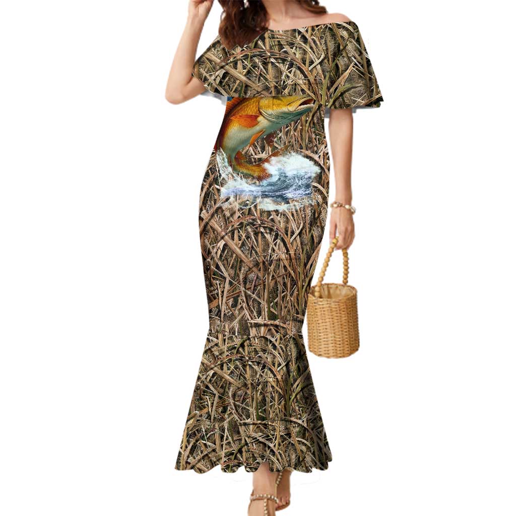 Redfish Splashing in Marsh Grass Family Matching Mermaid Dress and Hawaiian Shirt Custom Name and Nature Background Design - Wonder Print Shop