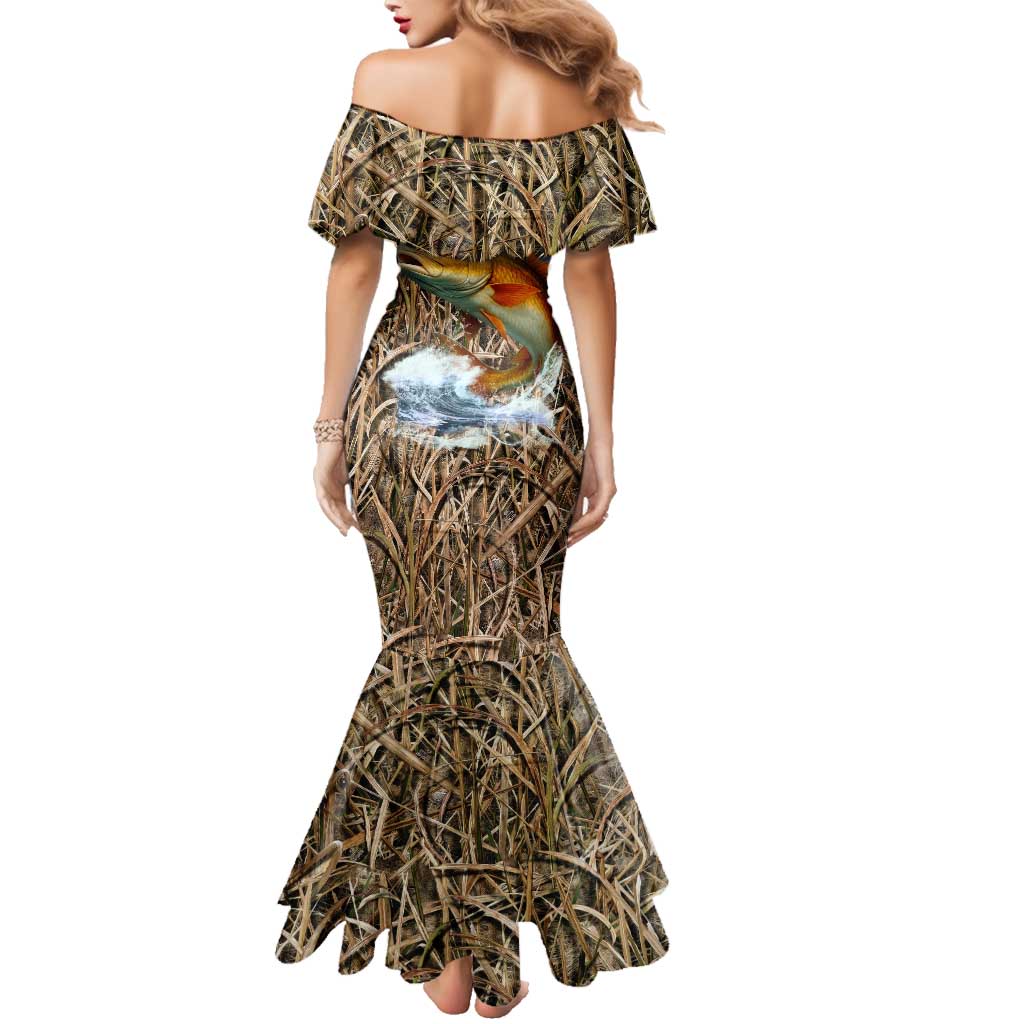 Redfish Splashing in Marsh Grass Family Matching Mermaid Dress and Hawaiian Shirt Custom Name and Nature Background Design - Wonder Print Shop