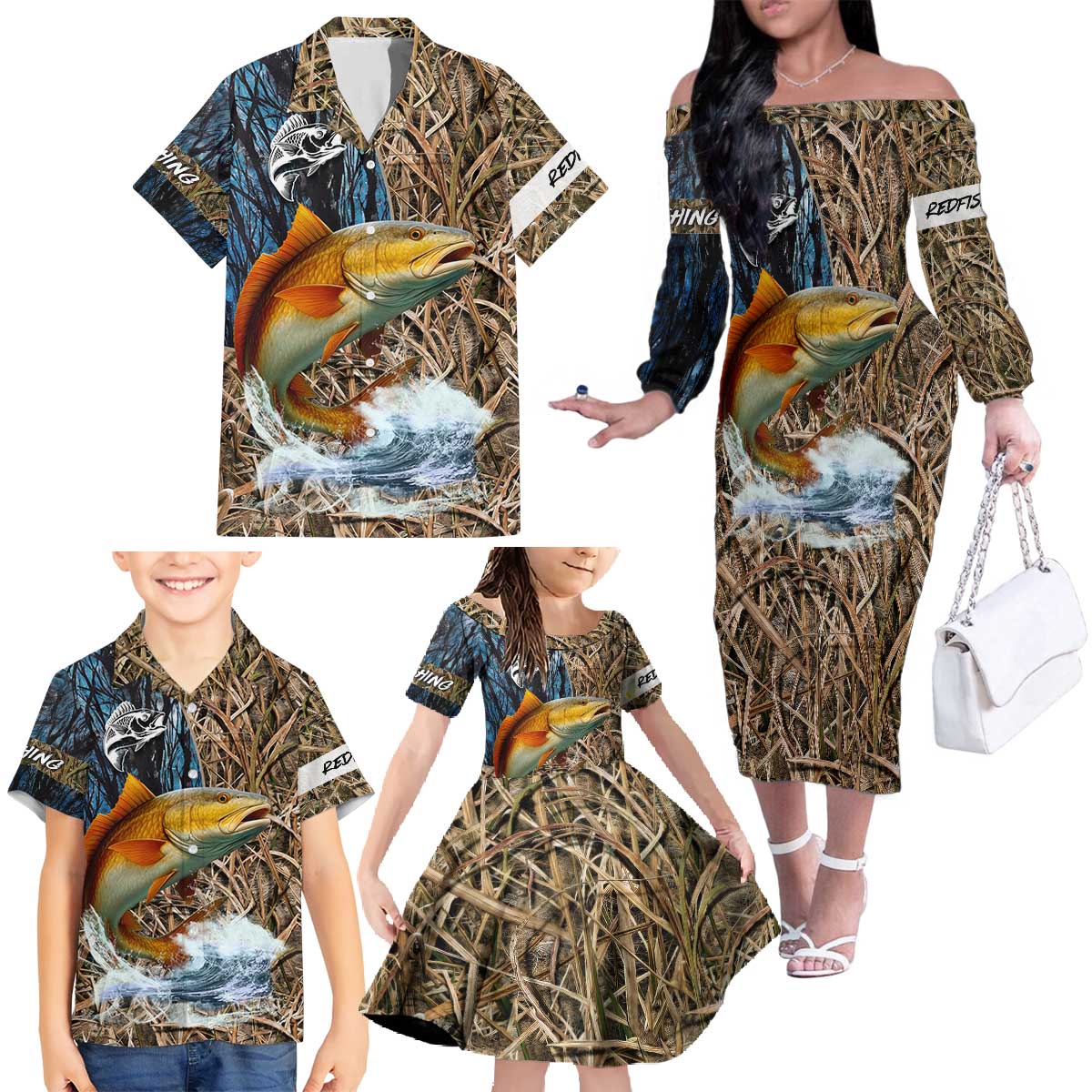 Redfish Splashing in Marsh Grass Family Matching Off The Shoulder Long Sleeve Dress and Hawaiian Shirt Custom Name and Nature Background Design - Wonder Print Shop