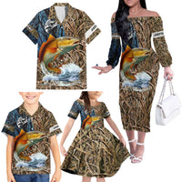 Redfish Splashing in Marsh Grass Family Matching Off The Shoulder Long Sleeve Dress and Hawaiian Shirt Custom Name and Nature Background Design - Wonder Print Shop