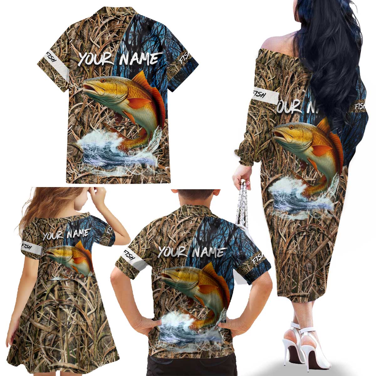 Redfish Splashing in Marsh Grass Family Matching Off The Shoulder Long Sleeve Dress and Hawaiian Shirt Custom Name and Nature Background Design - Wonder Print Shop