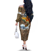 Redfish Splashing in Marsh Grass Family Matching Off The Shoulder Long Sleeve Dress and Hawaiian Shirt Custom Name and Nature Background Design - Wonder Print Shop