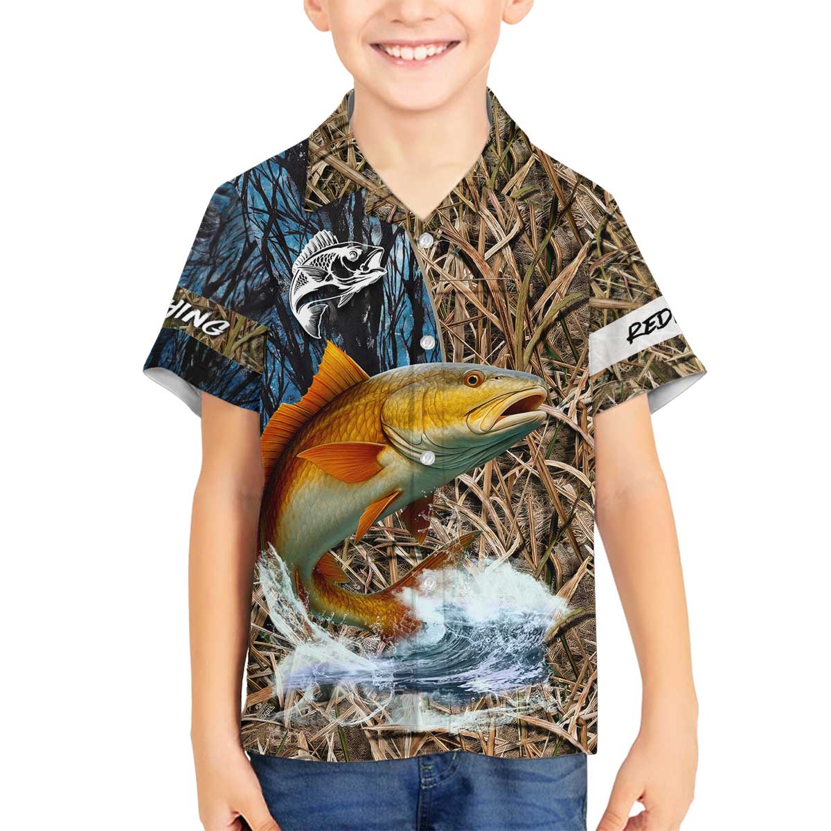 Redfish Splashing in Marsh Grass Family Matching Off The Shoulder Long Sleeve Dress and Hawaiian Shirt Custom Name and Nature Background Design - Wonder Print Shop