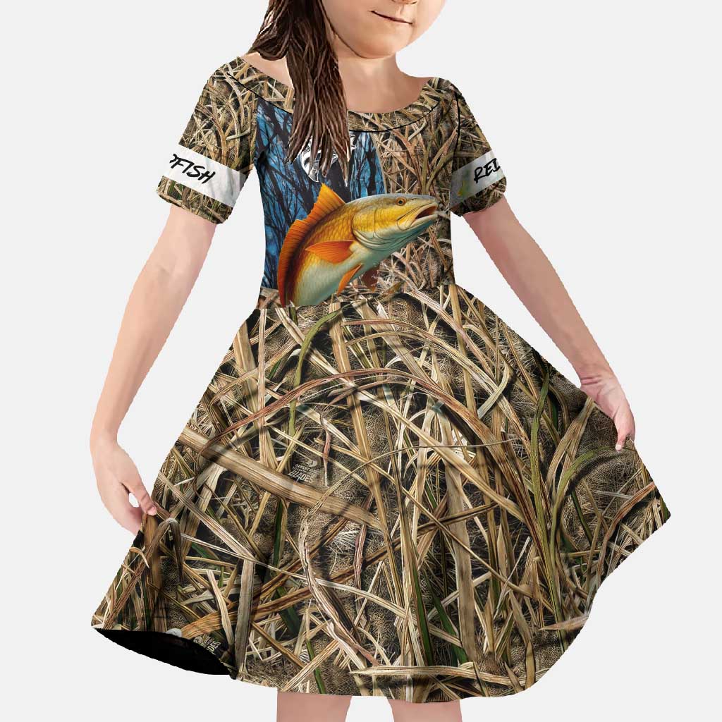 Redfish Splashing in Marsh Grass Family Matching Off Shoulder Maxi Dress and Hawaiian Shirt Custom Name and Nature Background Design - Wonder Print Shop