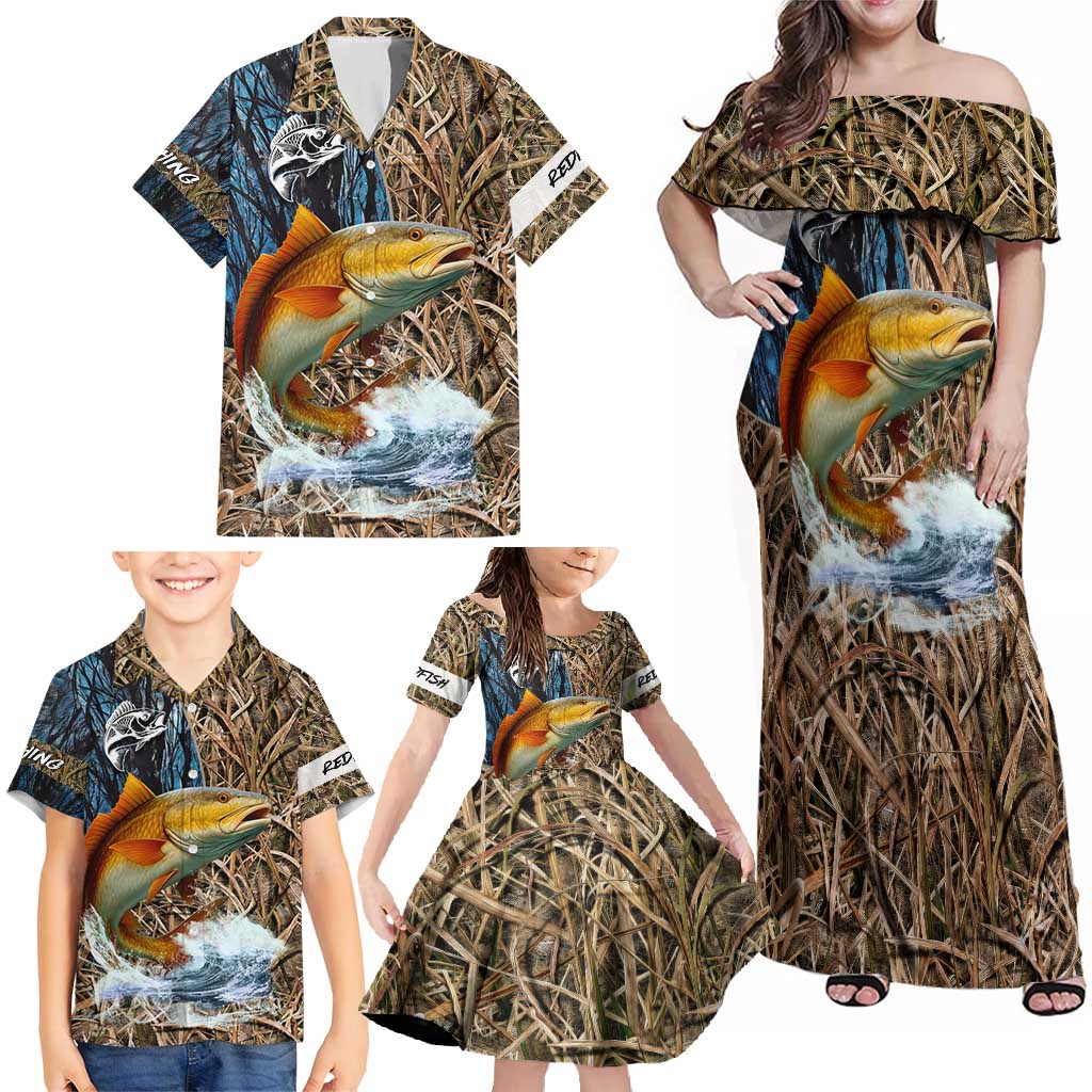 Redfish Splashing in Marsh Grass Family Matching Off Shoulder Maxi Dress and Hawaiian Shirt Custom Name and Nature Background Design - Wonder Print Shop