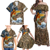 Redfish Splashing in Marsh Grass Family Matching Off Shoulder Maxi Dress and Hawaiian Shirt Custom Name and Nature Background Design - Wonder Print Shop