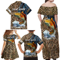 Redfish Splashing in Marsh Grass Family Matching Off Shoulder Maxi Dress and Hawaiian Shirt Custom Name and Nature Background Design - Wonder Print Shop