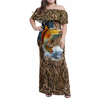 Redfish Splashing in Marsh Grass Family Matching Off Shoulder Maxi Dress and Hawaiian Shirt Custom Name and Nature Background Design - Wonder Print Shop