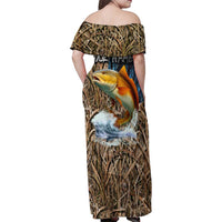 Redfish Splashing in Marsh Grass Family Matching Off Shoulder Maxi Dress and Hawaiian Shirt Custom Name and Nature Background Design - Wonder Print Shop
