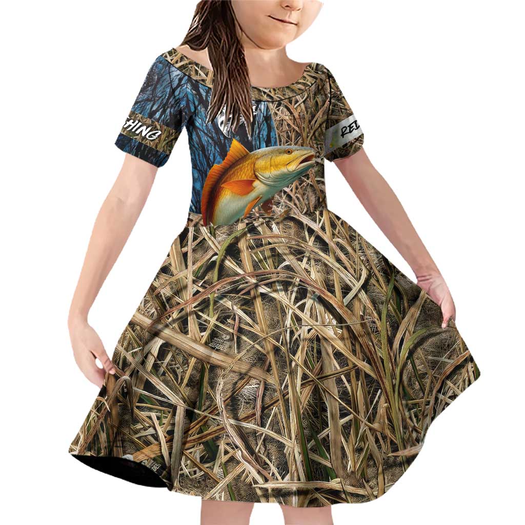Redfish Splashing in Marsh Grass Family Matching Off Shoulder Short Dress and Hawaiian Shirt Custom Name and Nature Background Design - Wonder Print Shop