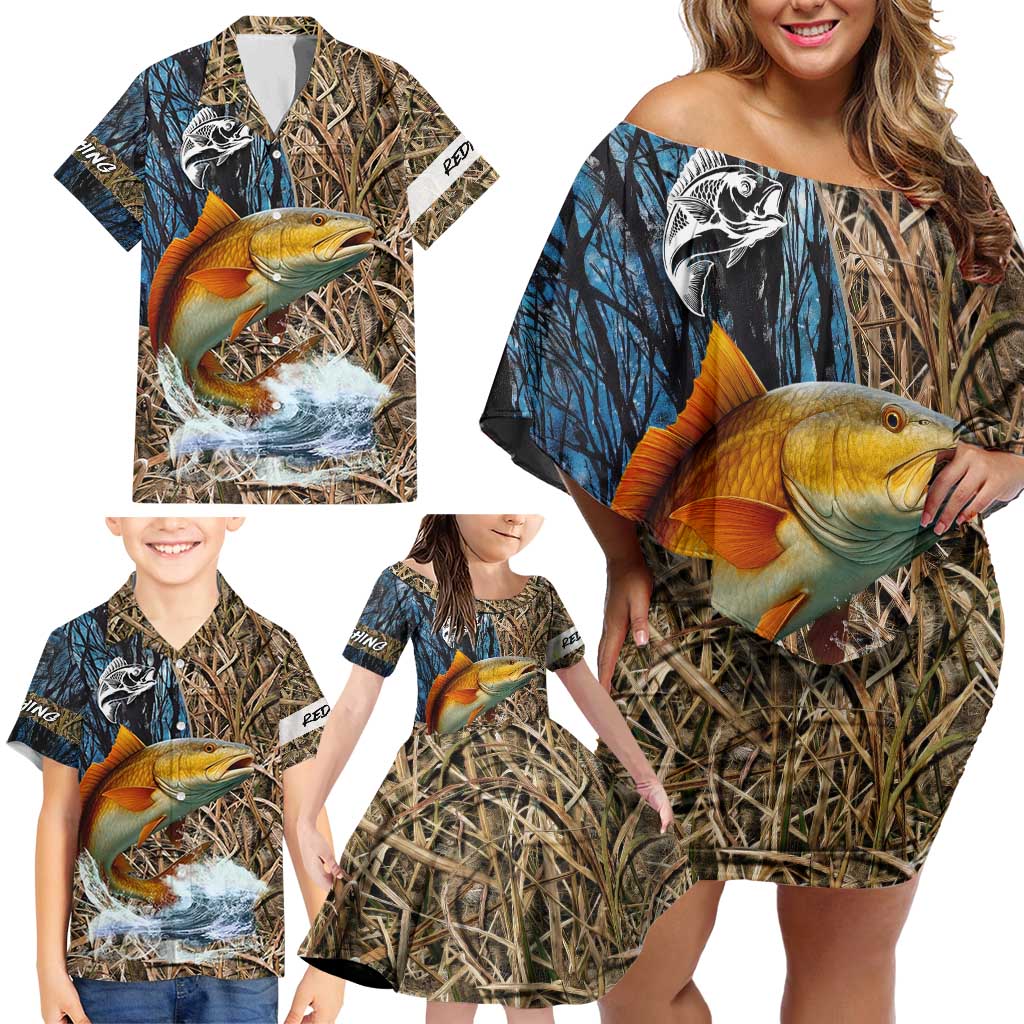 Redfish Splashing in Marsh Grass Family Matching Off Shoulder Short Dress and Hawaiian Shirt Custom Name and Nature Background Design - Wonder Print Shop