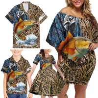 Redfish Splashing in Marsh Grass Family Matching Off Shoulder Short Dress and Hawaiian Shirt Custom Name and Nature Background Design - Wonder Print Shop