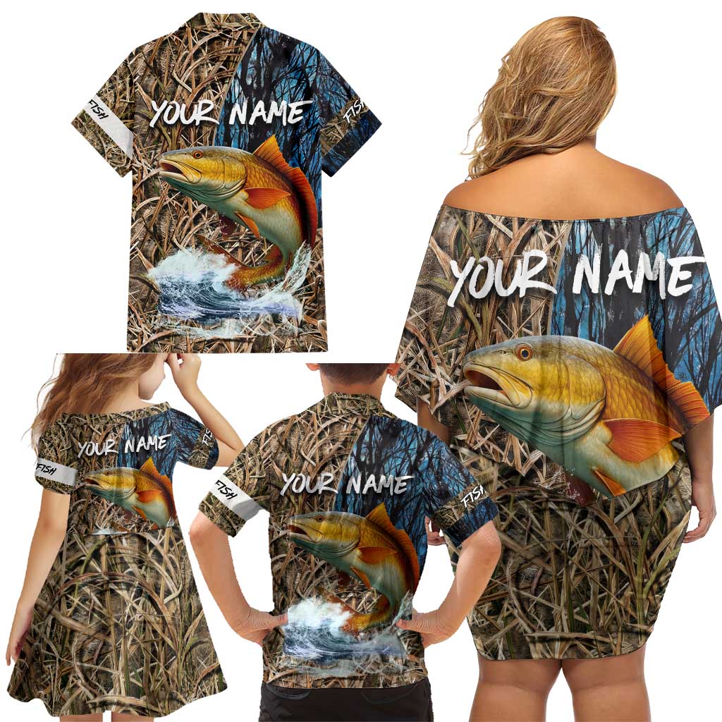 Redfish Splashing in Marsh Grass Family Matching Off Shoulder Short Dress and Hawaiian Shirt Custom Name and Nature Background Design - Wonder Print Shop
