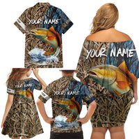 Redfish Splashing in Marsh Grass Family Matching Off Shoulder Short Dress and Hawaiian Shirt Custom Name and Nature Background Design - Wonder Print Shop