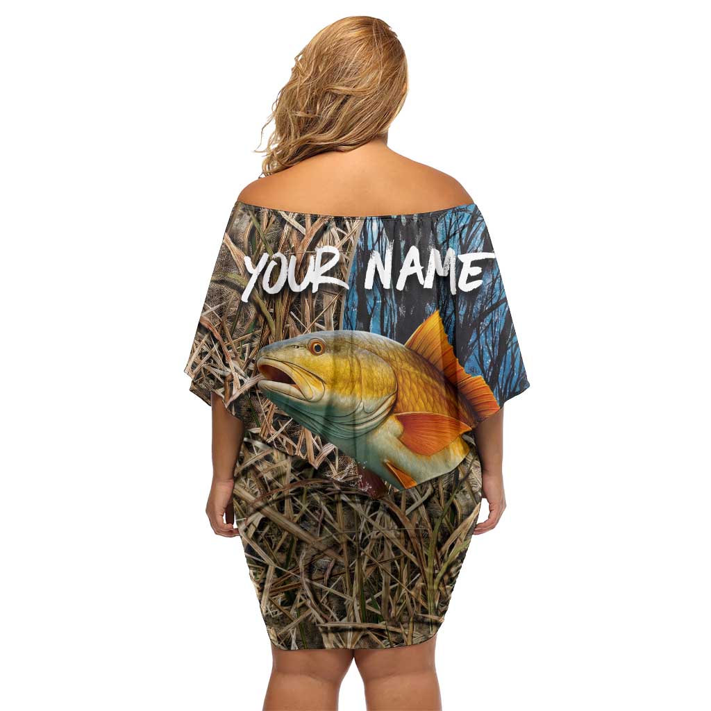 Redfish Splashing in Marsh Grass Family Matching Off Shoulder Short Dress and Hawaiian Shirt Custom Name and Nature Background Design - Wonder Print Shop