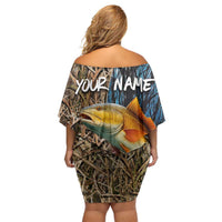 Redfish Splashing in Marsh Grass Family Matching Off Shoulder Short Dress and Hawaiian Shirt Custom Name and Nature Background Design - Wonder Print Shop