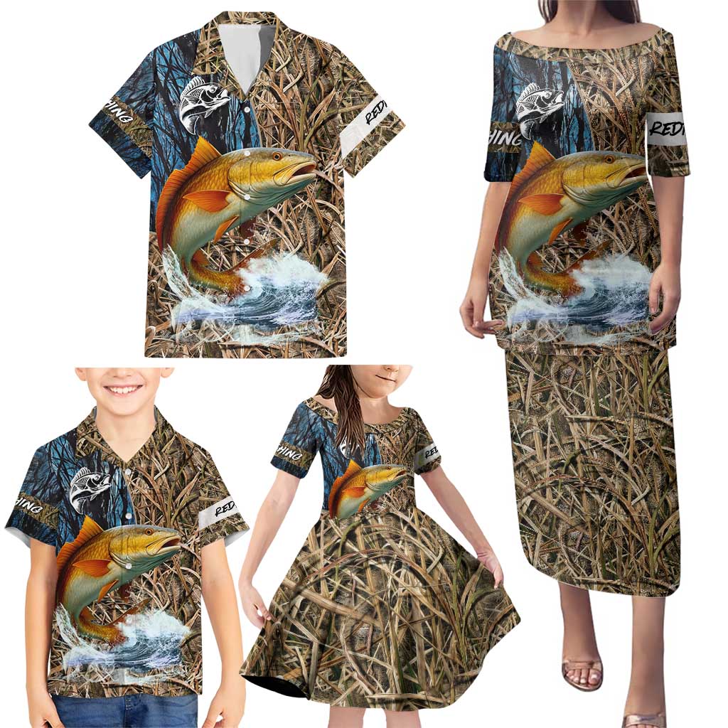 Redfish Splashing in Marsh Grass Family Matching Puletasi and Hawaiian Shirt Custom Name and Nature Background Design - Wonder Print Shop