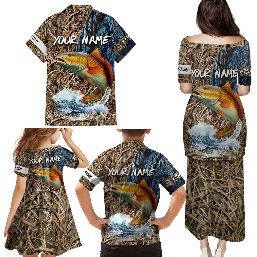 Redfish Splashing in Marsh Grass Family Matching Puletasi and Hawaiian Shirt Custom Name and Nature Background Design - Wonder Print Shop