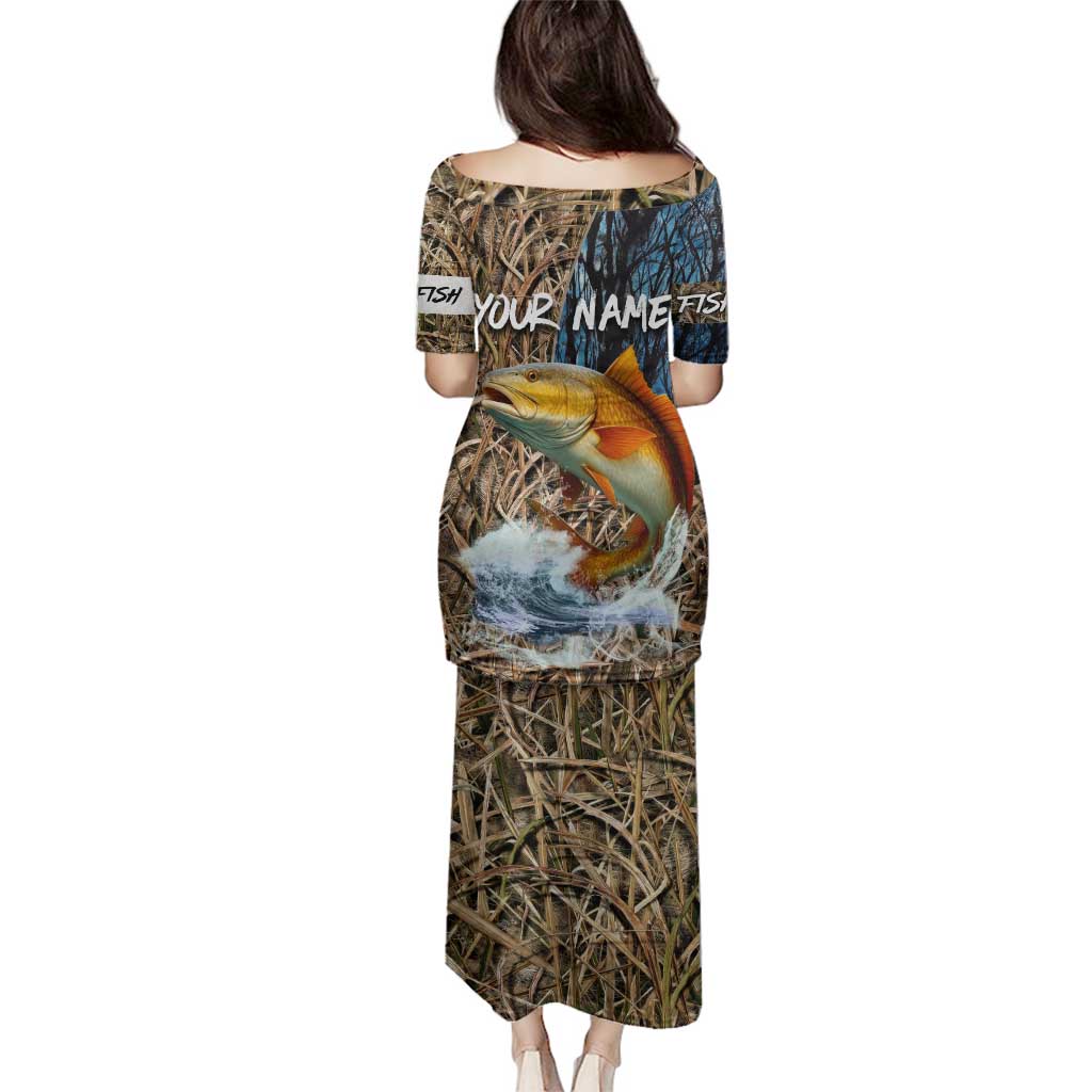 Redfish Splashing in Marsh Grass Family Matching Puletasi and Hawaiian Shirt Custom Name and Nature Background Design - Wonder Print Shop