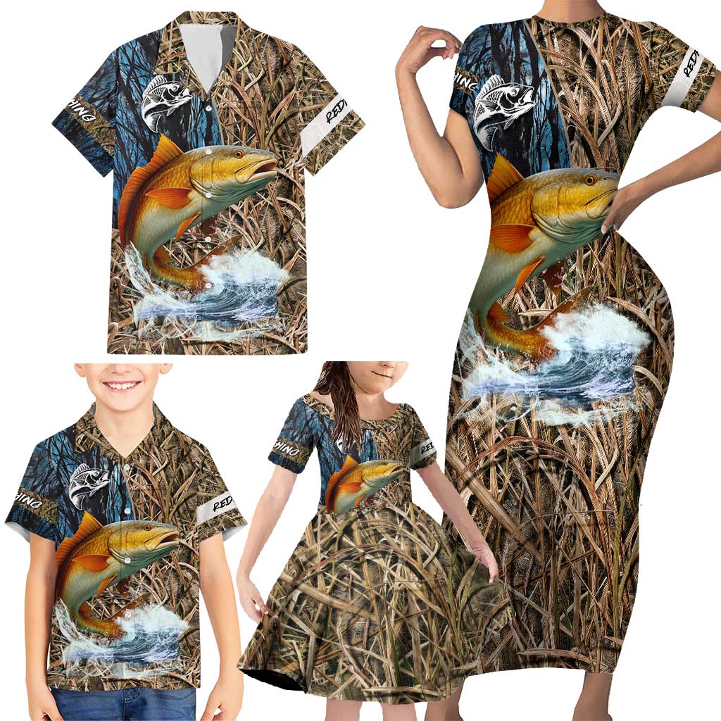 Redfish Splashing in Marsh Grass Family Matching Short Sleeve Bodycon Dress and Hawaiian Shirt Custom Name and Nature Background Design - Wonder Print Shop