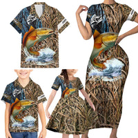 Redfish Splashing in Marsh Grass Family Matching Short Sleeve Bodycon Dress and Hawaiian Shirt Custom Name and Nature Background Design - Wonder Print Shop
