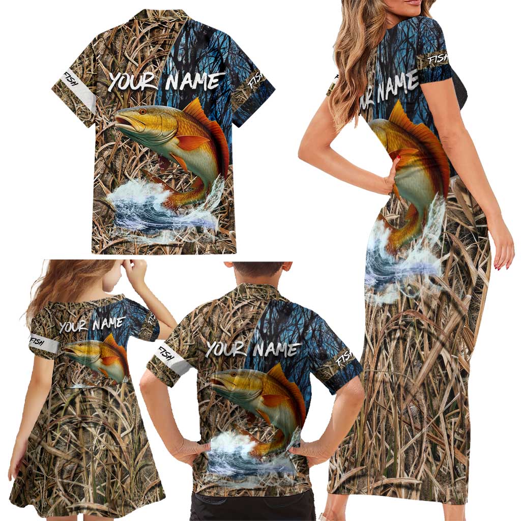 Redfish Splashing in Marsh Grass Family Matching Short Sleeve Bodycon Dress and Hawaiian Shirt Custom Name and Nature Background Design - Wonder Print Shop