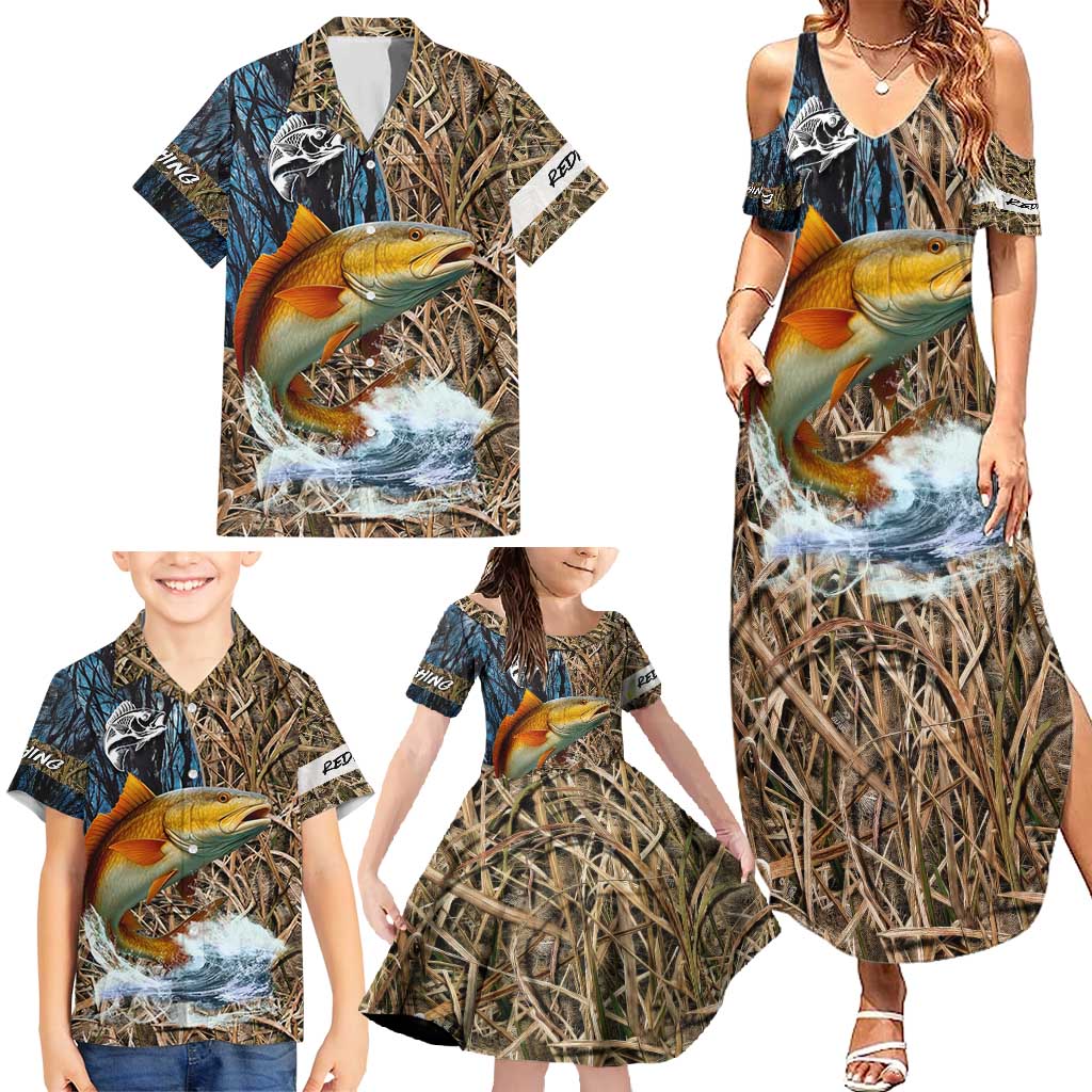 Redfish Splashing in Marsh Grass Family Matching Summer Maxi Dress and Hawaiian Shirt Custom Name and Nature Background Design - Wonder Print Shop