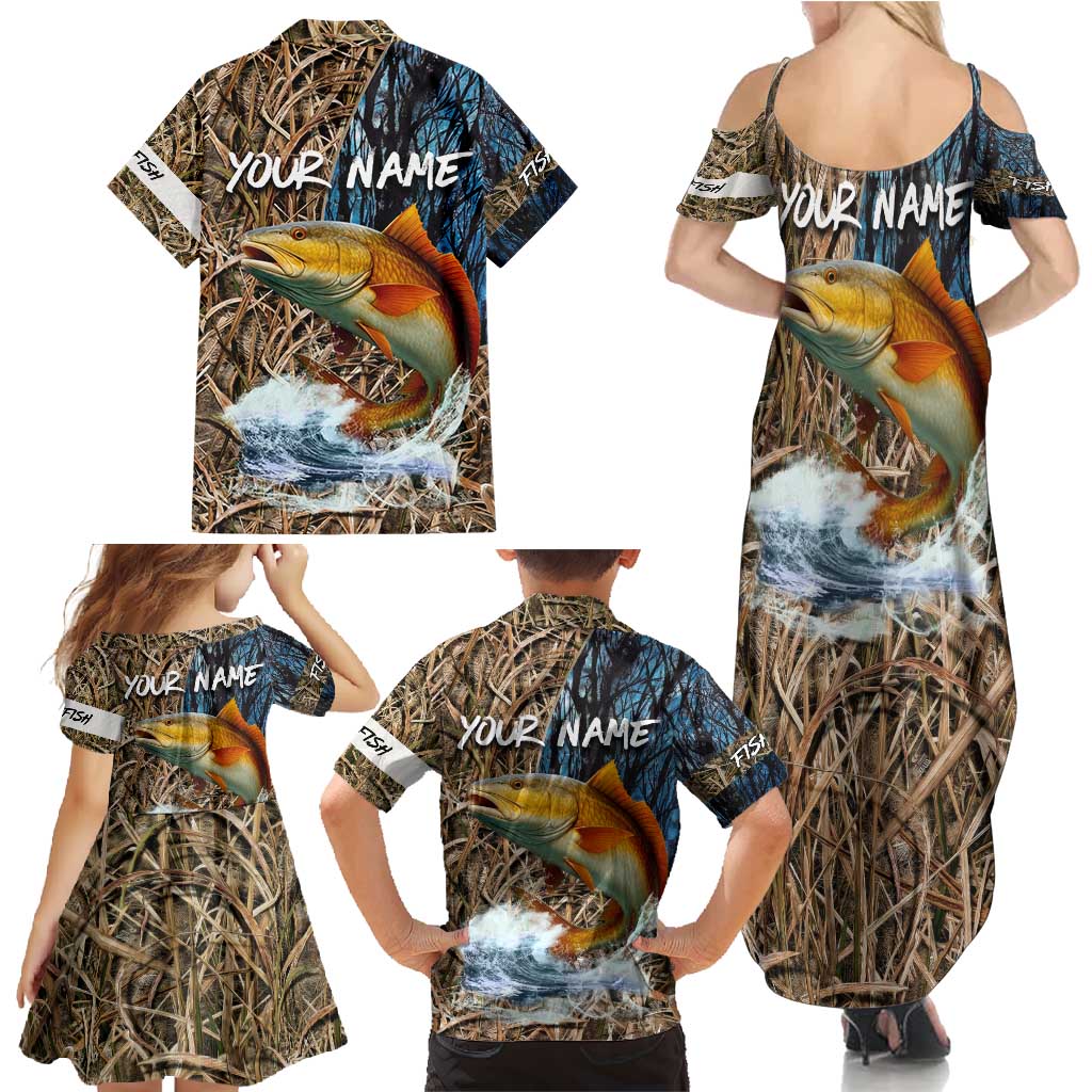 Redfish Splashing in Marsh Grass Family Matching Summer Maxi Dress and Hawaiian Shirt Custom Name and Nature Background Design - Wonder Print Shop