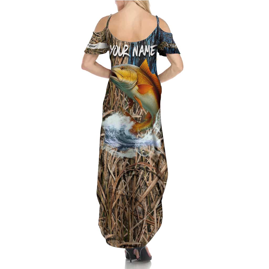 Redfish Splashing in Marsh Grass Family Matching Summer Maxi Dress and Hawaiian Shirt Custom Name and Nature Background Design - Wonder Print Shop