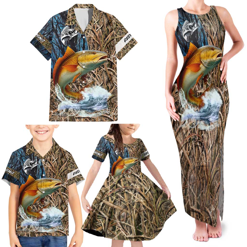 Redfish Splashing in Marsh Grass Family Matching Tank Maxi Dress and Hawaiian Shirt Custom Name and Nature Background Design - Wonder Print Shop