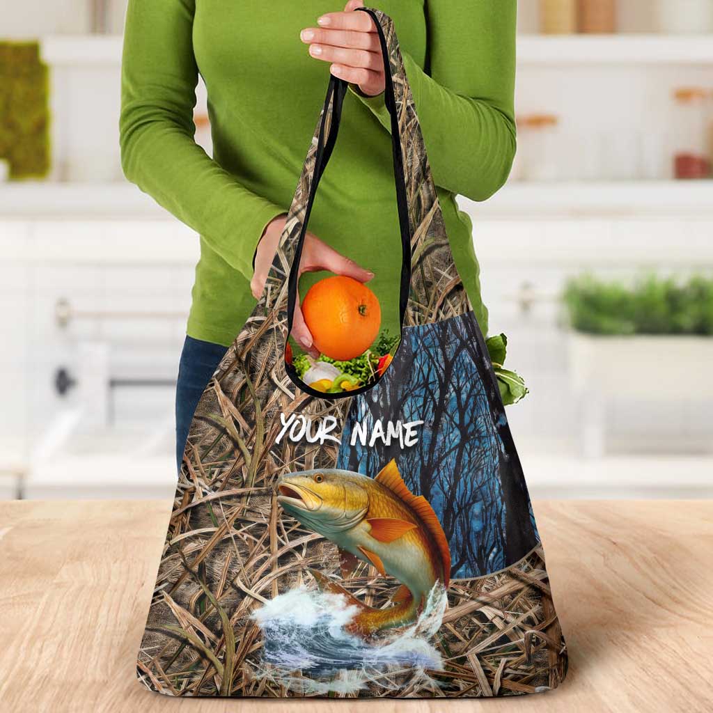 Redfish Splashing in Marsh Grass Grocery Bag Custom Name and Nature Background Design - Wonder Print Shop