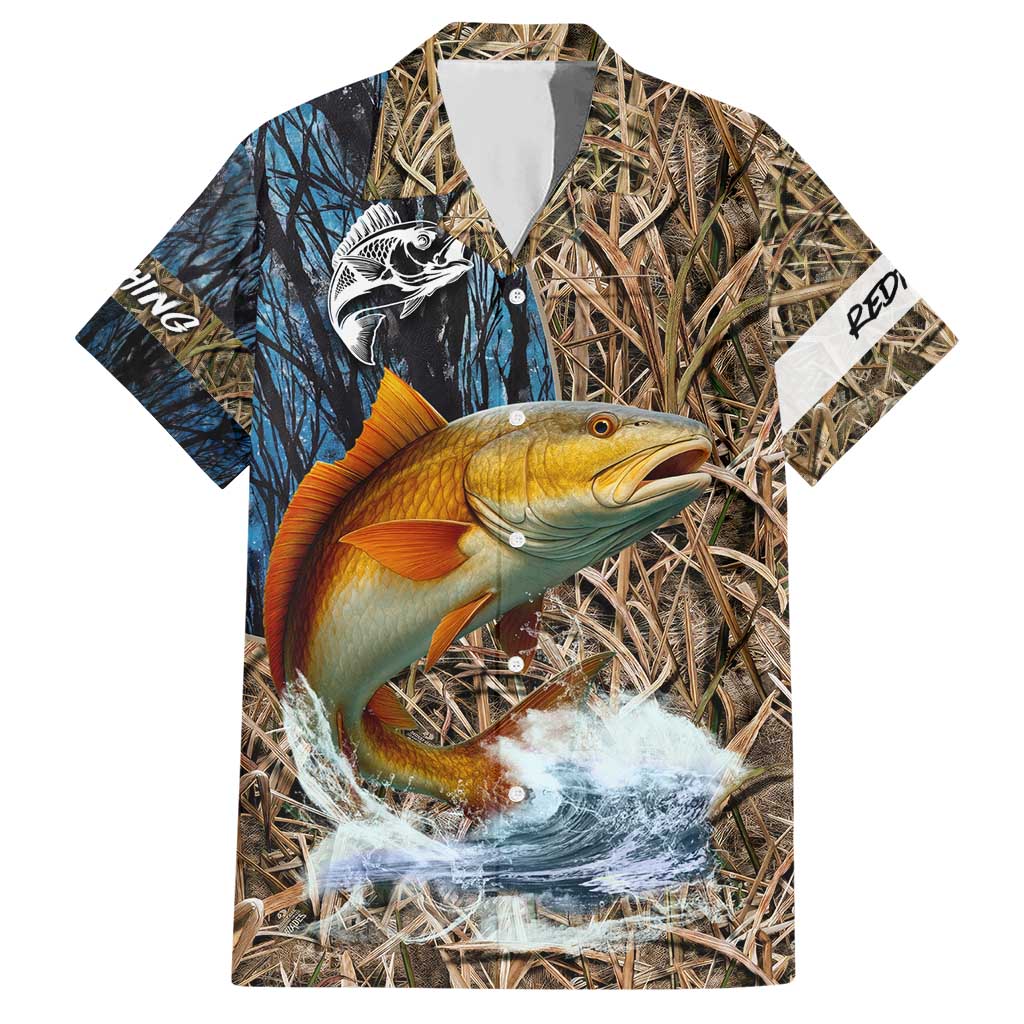Redfish Splashing in Marsh Grass Hawaiian Shirt Custom Name and Nature Background Design - Wonder Print Shop