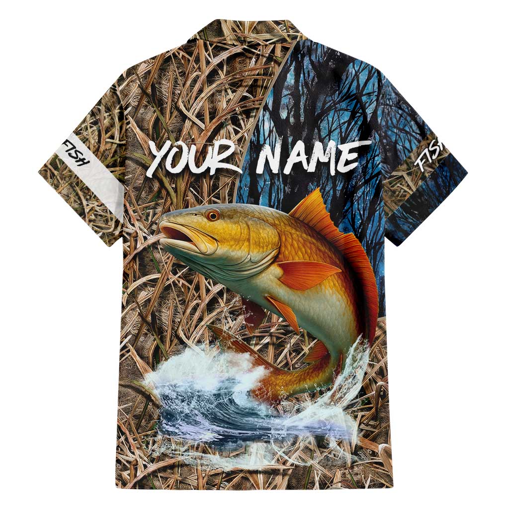Redfish Splashing in Marsh Grass Hawaiian Shirt Custom Name and Nature Background Design - Wonder Print Shop