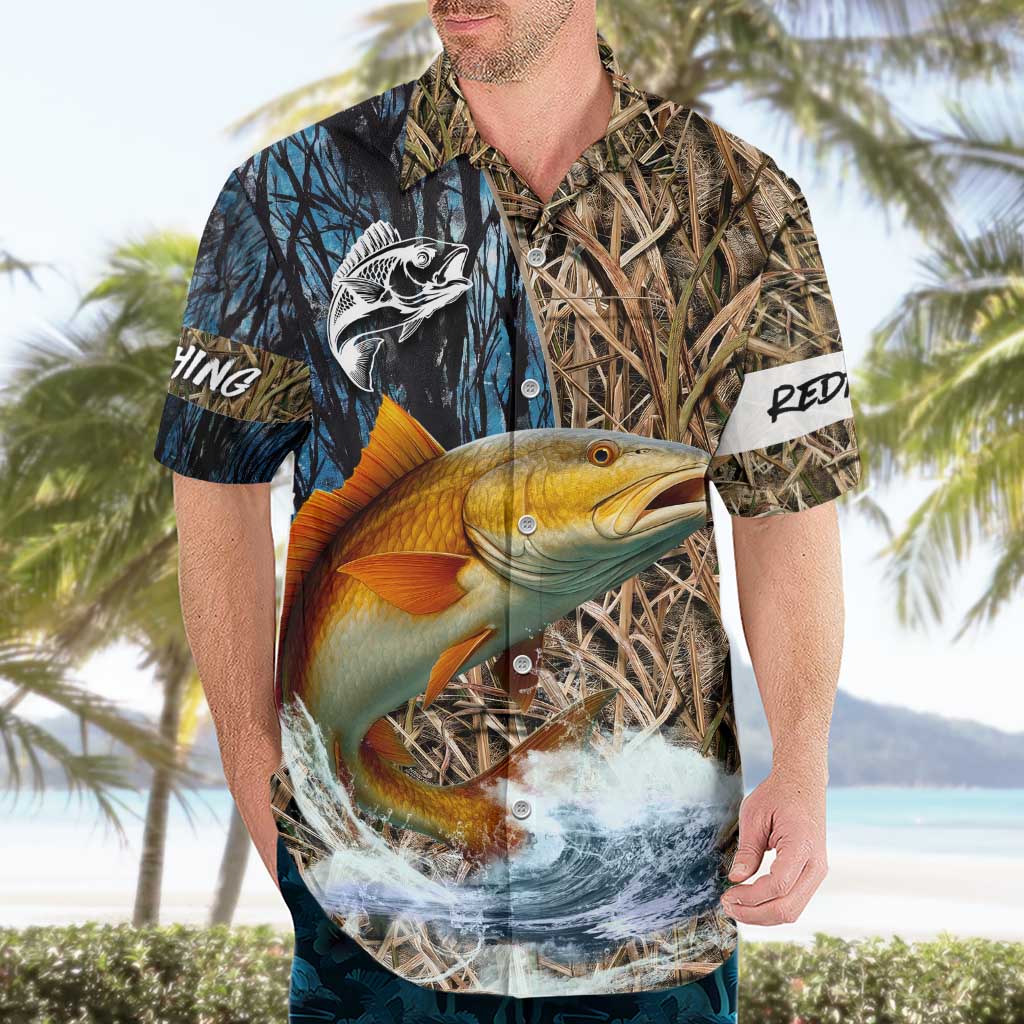Redfish Splashing in Marsh Grass Hawaiian Shirt Custom Name and Nature Background Design - Wonder Print Shop
