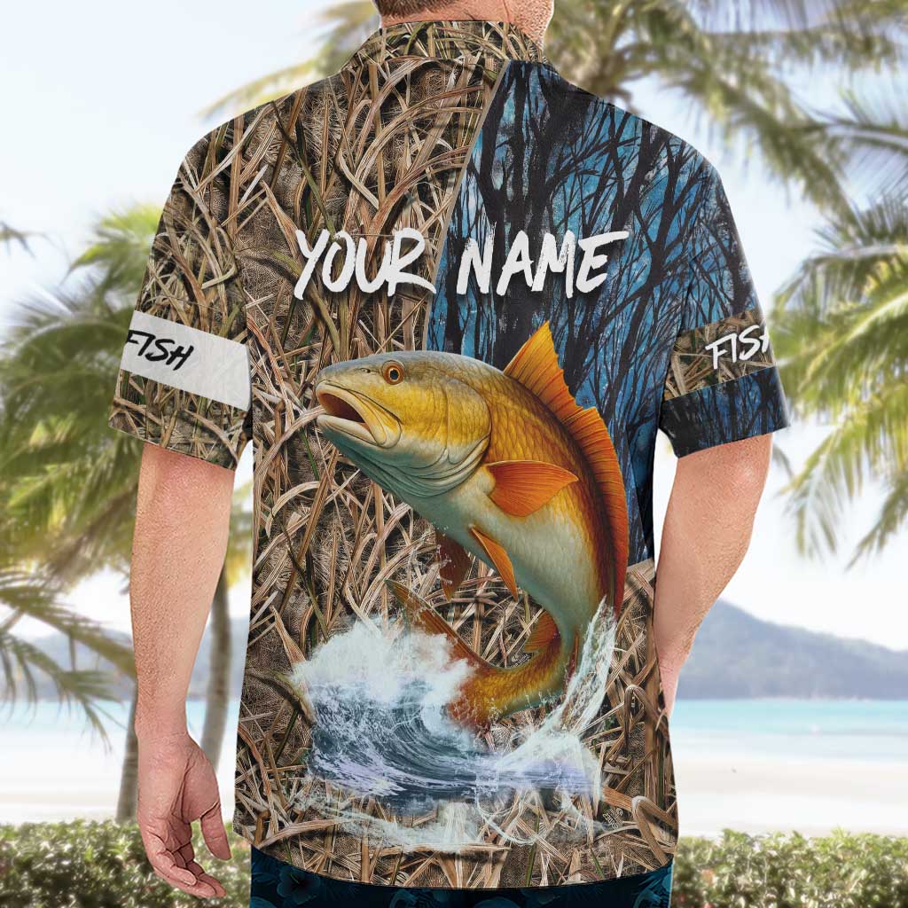Redfish Splashing in Marsh Grass Hawaiian Shirt Custom Name and Nature Background Design - Wonder Print Shop