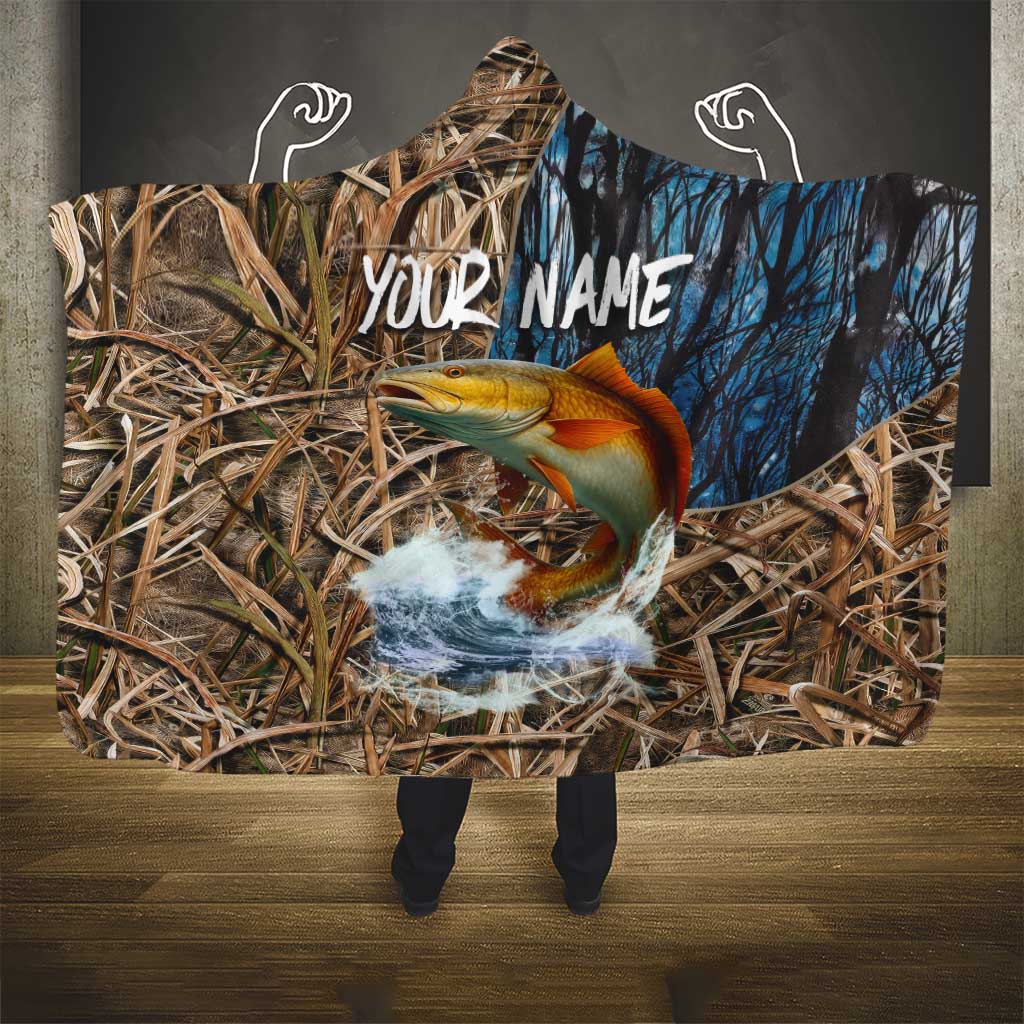 Redfish Splashing in Marsh Grass Hooded Blanket Custom Name and Nature Background Design - Wonder Print Shop