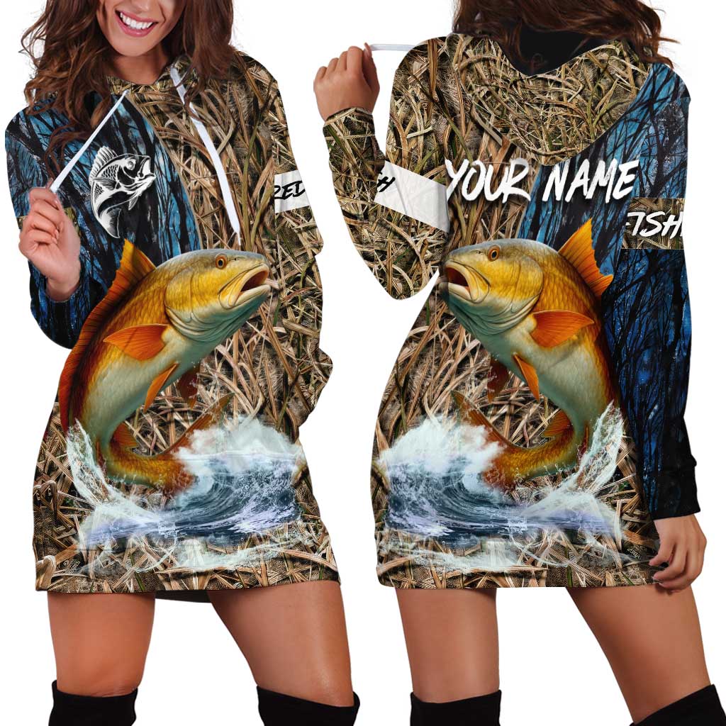Redfish Splashing in Marsh Grass Hoodie Dress Custom Name and Nature Background Design - Wonder Print Shop