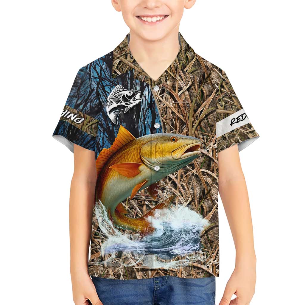 Redfish Splashing in Marsh Grass Kid Hawaiian Shirt Custom Name and Nature Background Design - Wonder Print Shop