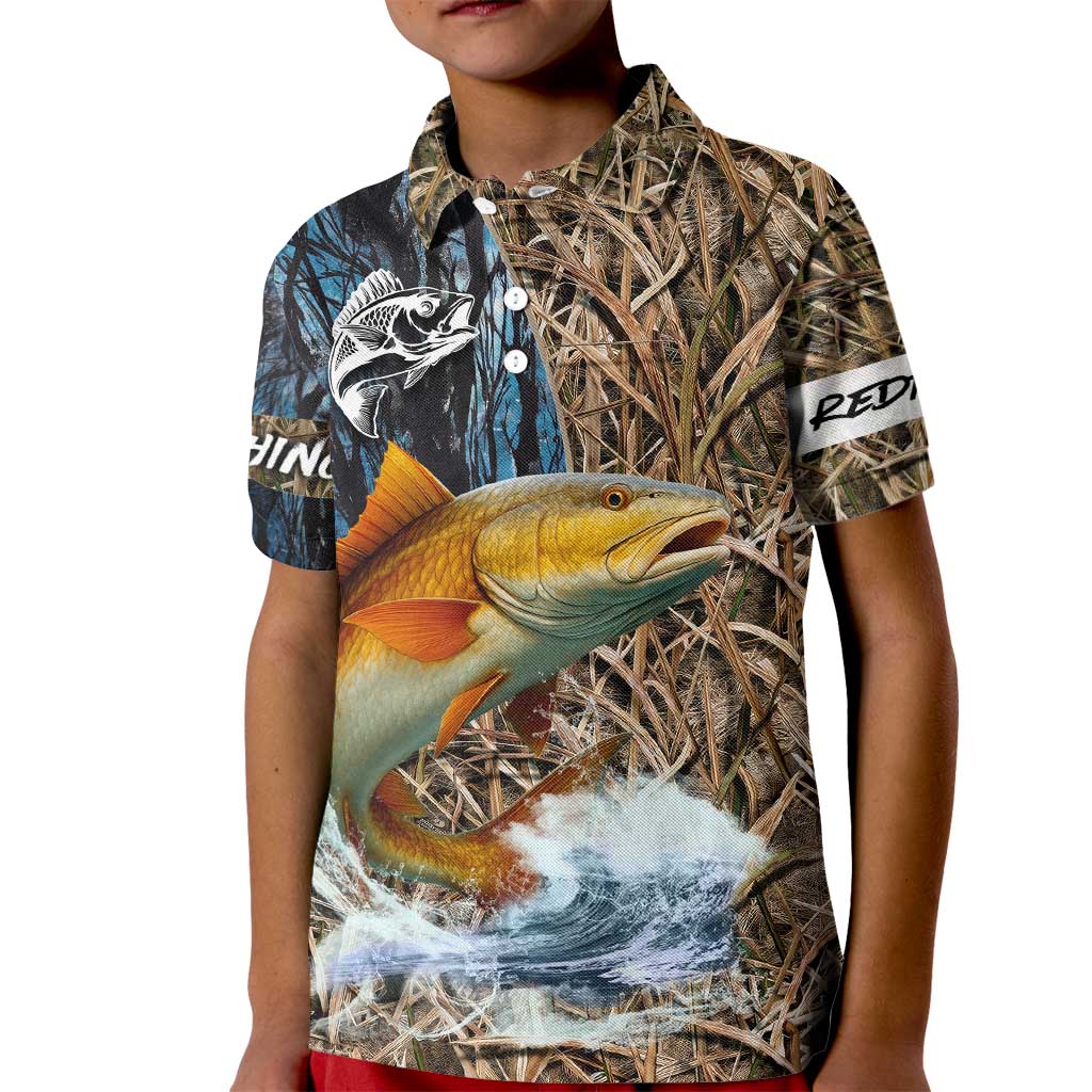 Redfish Splashing in Marsh Grass Kid Polo Shirt Custom Name and Nature Background Design - Wonder Print Shop