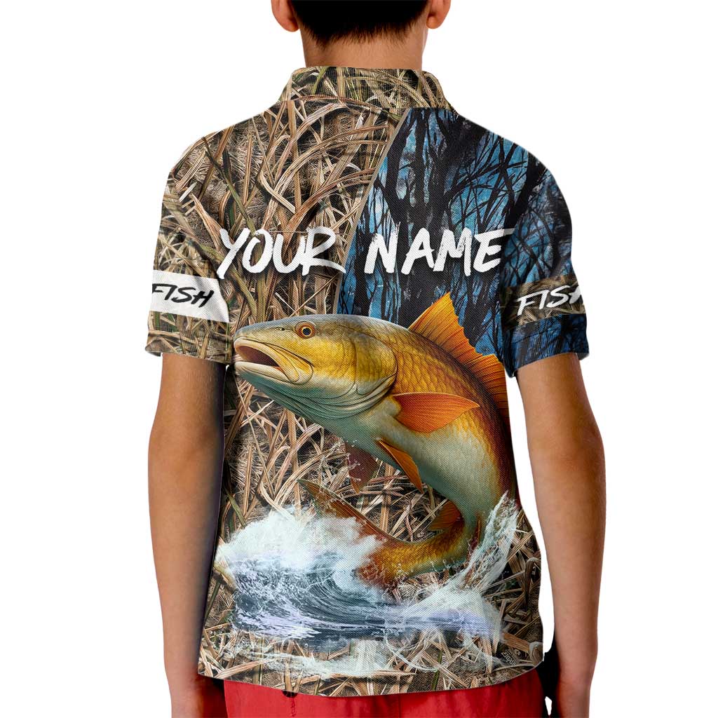 Redfish Splashing in Marsh Grass Kid Polo Shirt Custom Name and Nature Background Design - Wonder Print Shop