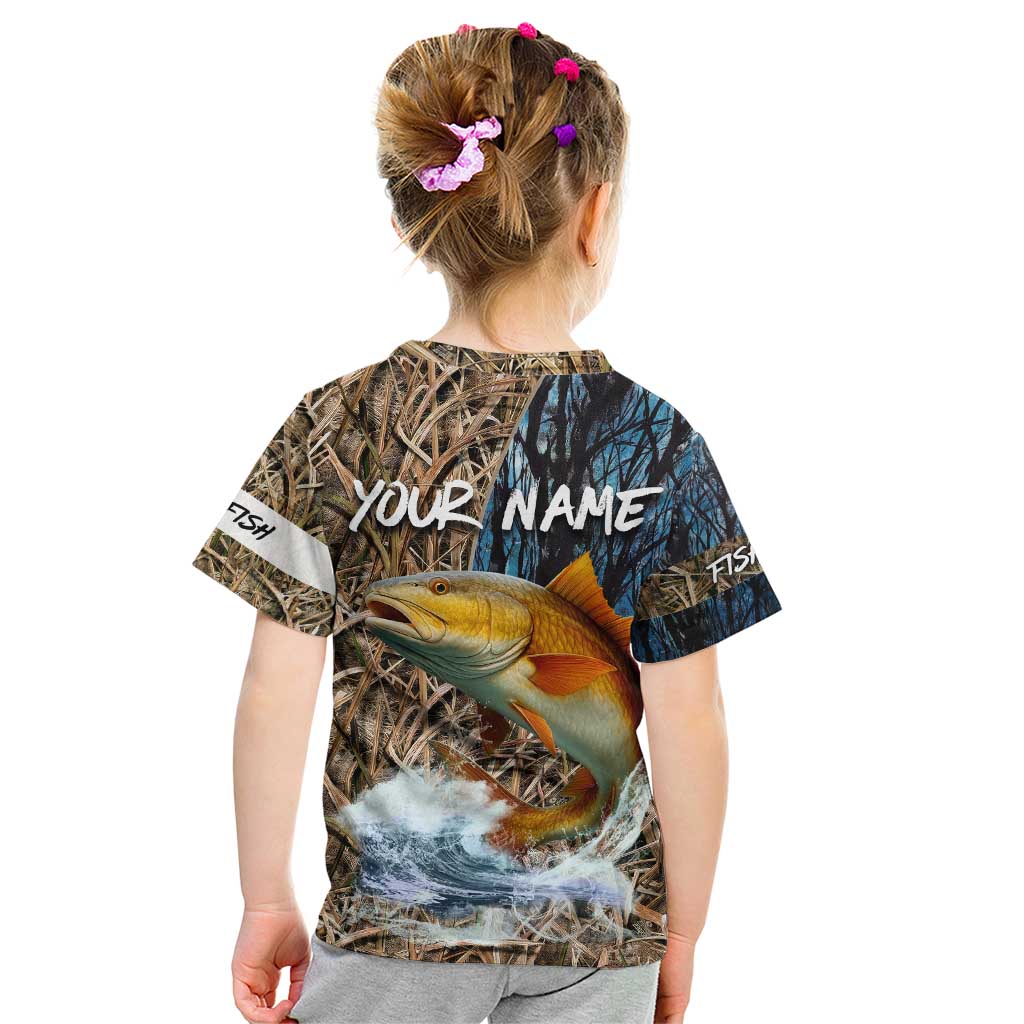 Redfish Splashing in Marsh Grass Kid T Shirt Custom Name and Nature Background Design - Wonder Print Shop