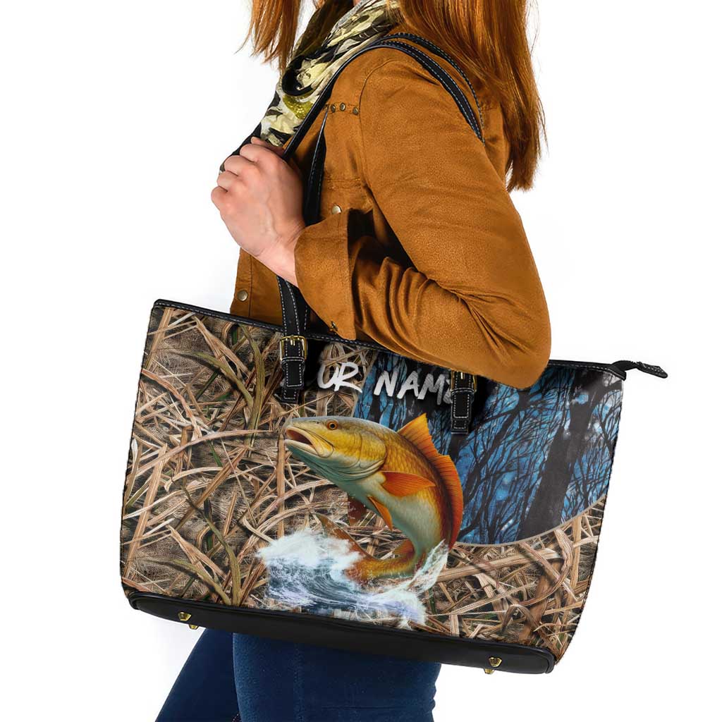 Redfish Splashing in Marsh Grass Leather Tote Bag Custom Name and Nature Background Design - Wonder Print Shop