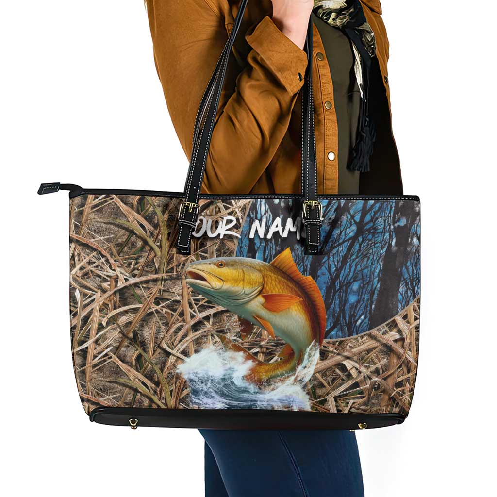 Redfish Splashing in Marsh Grass Leather Tote Bag Custom Name and Nature Background Design - Wonder Print Shop
